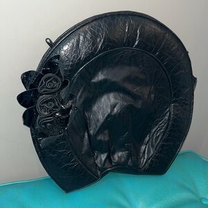 Vintage Sigma large black leather round bag purse rosette floral MCM Whimsigoth